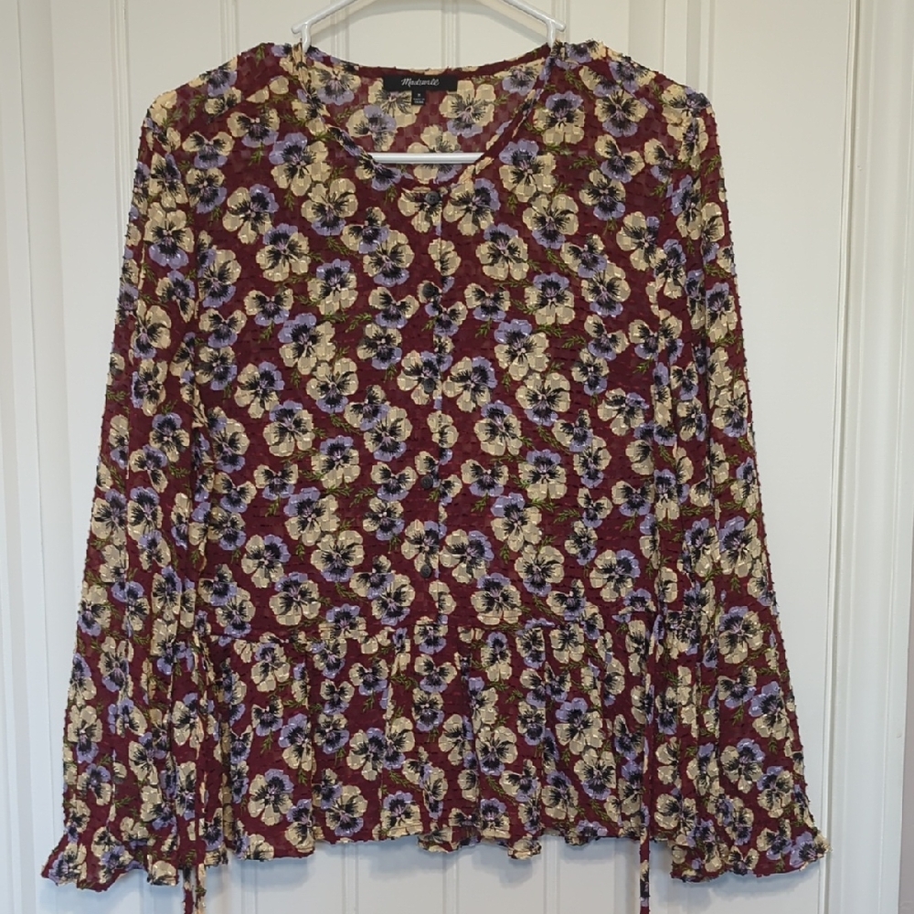 Sheer Peplum Madewell Blouse With Pansy Print, Size M